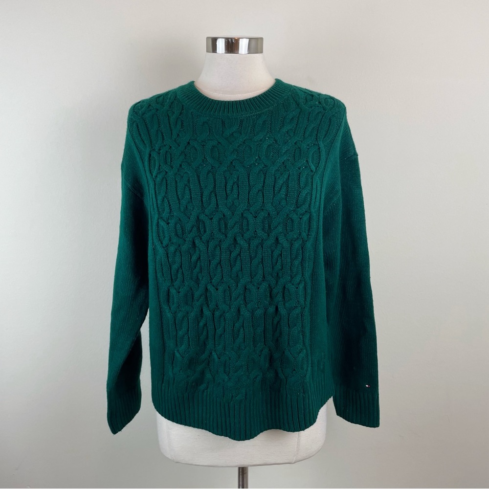 Tommy Hilfiger Solid Green Preppy Knit Long Sleeve Sweater Women Medium